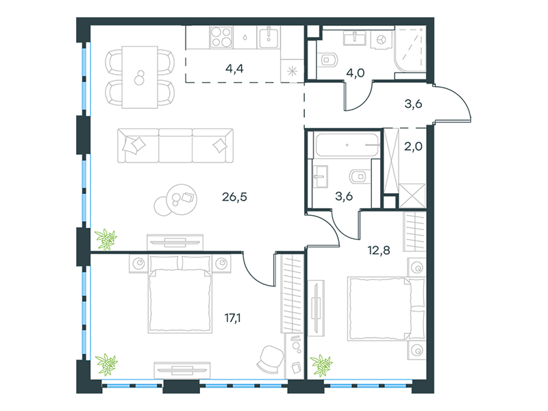 Планировка Квартира с 2 спальнями 74 м2 в ЖК Level Южнопортовая