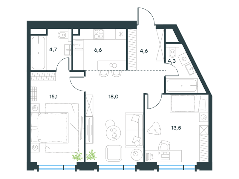 Планировка Квартира с 2 спальнями 66.8 м2 в ЖК Level Академическая