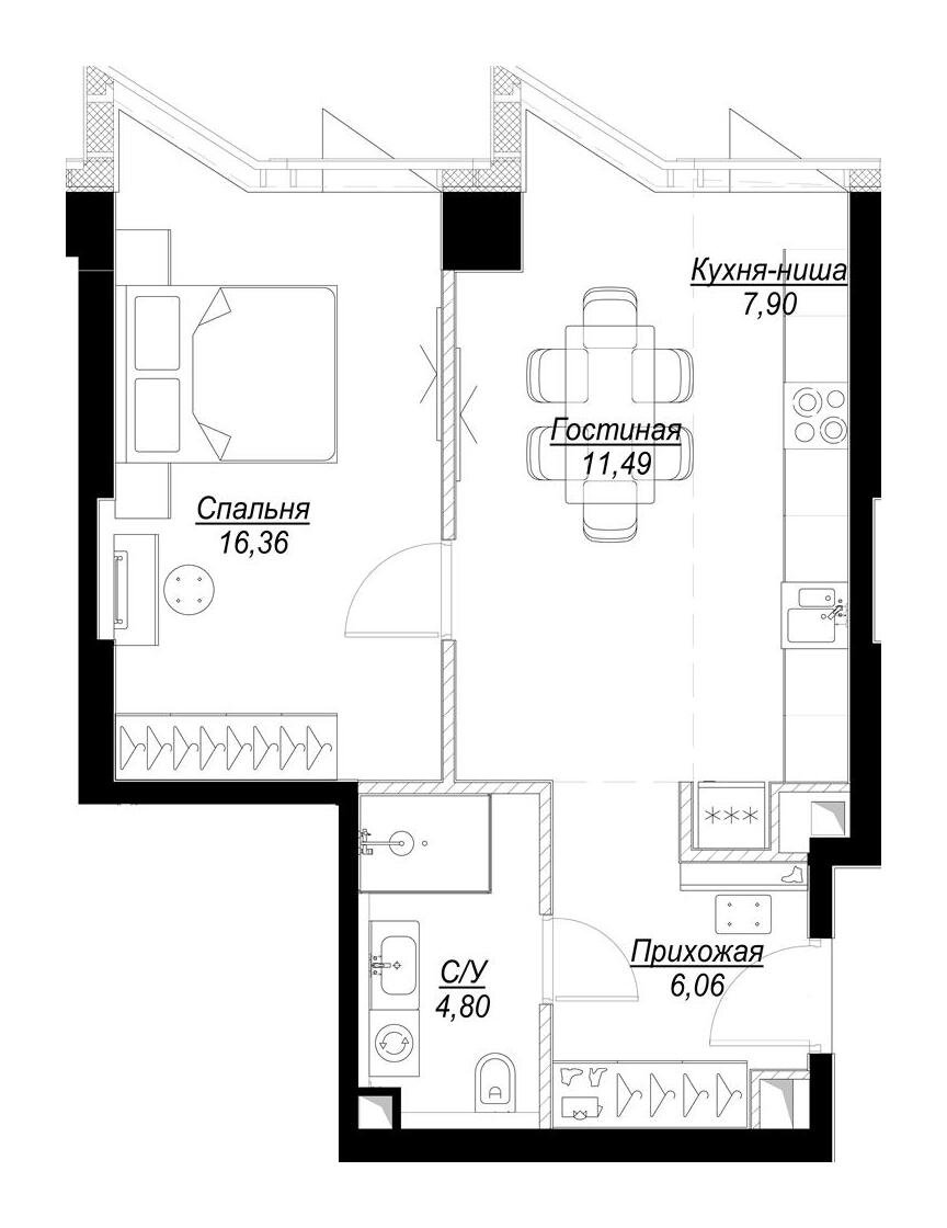 Планировка Квартира с 1 спальней 46.61 м2 в ЖК Famous