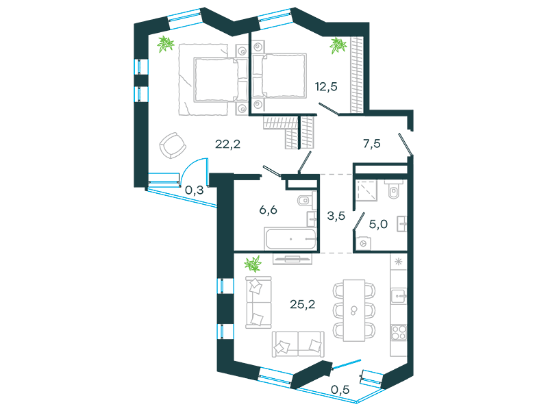 Апартаменты с 2 спальнями 83.3 м2 в ЖК Level Стрешнево