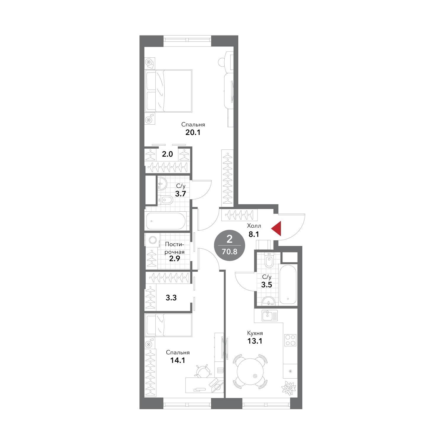 Планировка Квартира с 2 спальнями 70.8 м2 в ЖК Voxhall