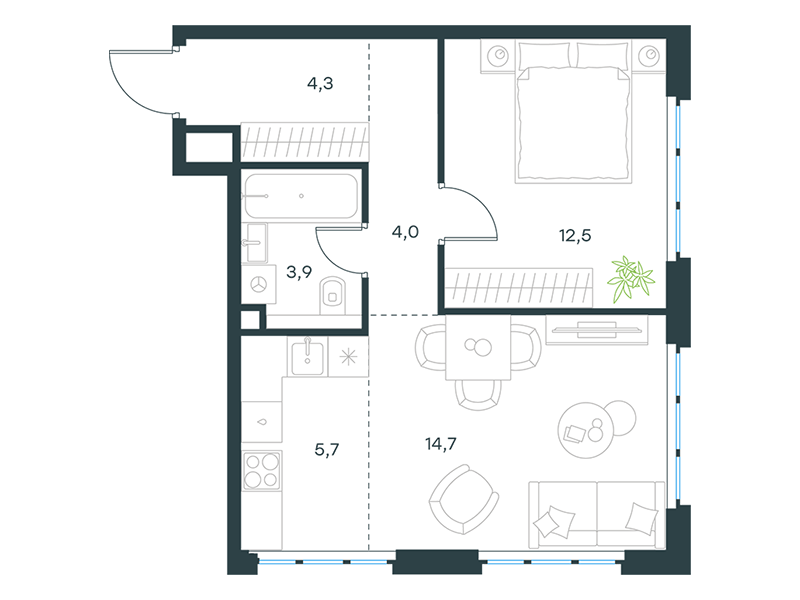 Планировка Апартаменты с 1 спальней 45.1 м2 в ЖК Level Южнопортовая