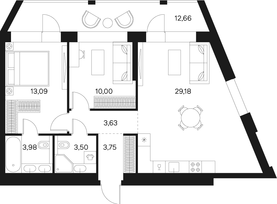 Планировка Квартира с 2 спальнями 73.42 м2 в ЖК Forst