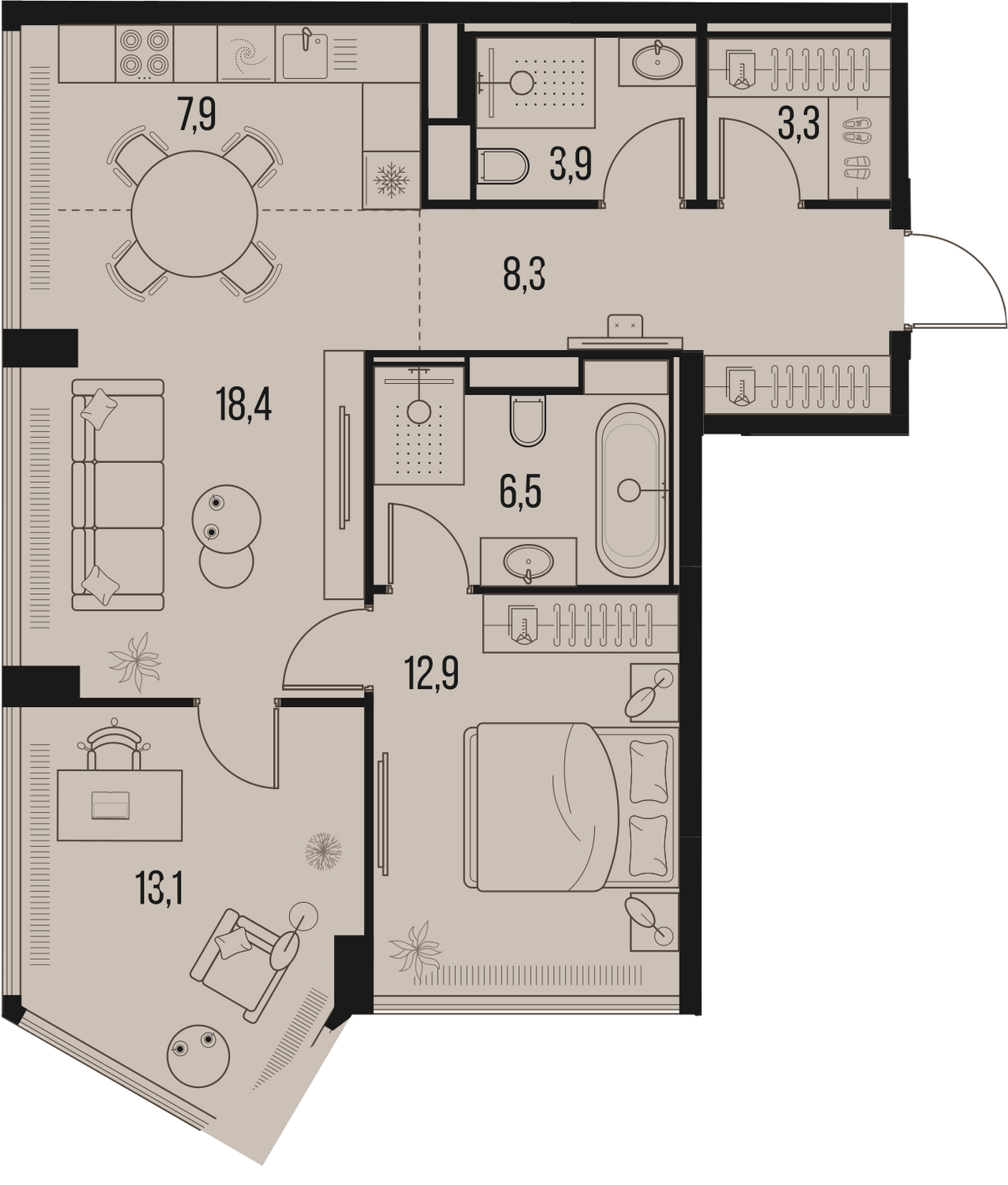 Планировка Квартира с 2 спальнями 74.3 м2 в ЖК High Life
