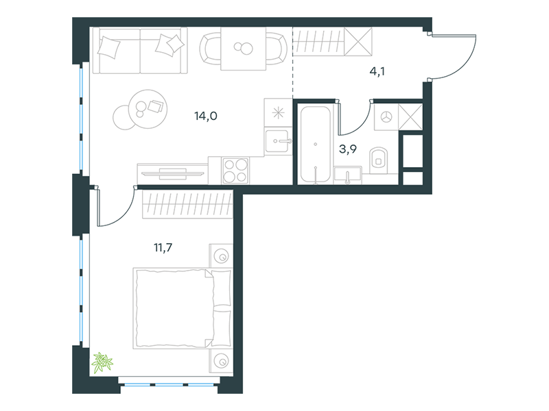 Планировка Апартаменты с 1 спальней 33.7 м2 в ЖК Level Южнопортовая