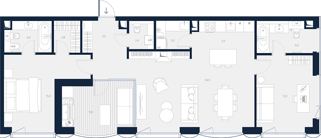 Планировка Апартаменты с 3 спальнями 108.4 м2 в ЖК Logos