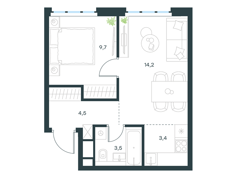 Планировка Апартаменты с 1 спальней 35.3 м2 в ЖК Level Южнопортовая