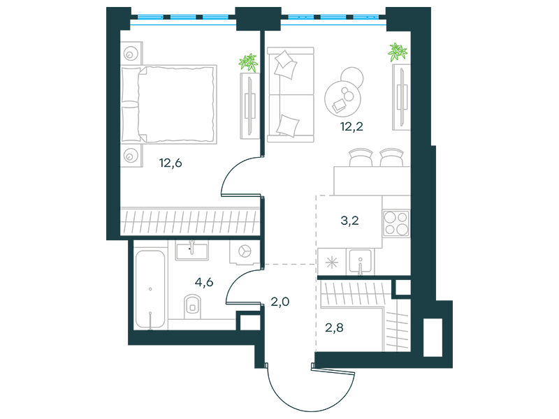 Планировка Квартира с 1 спальней 37.4 м2 в ЖК Level Южнопортовая