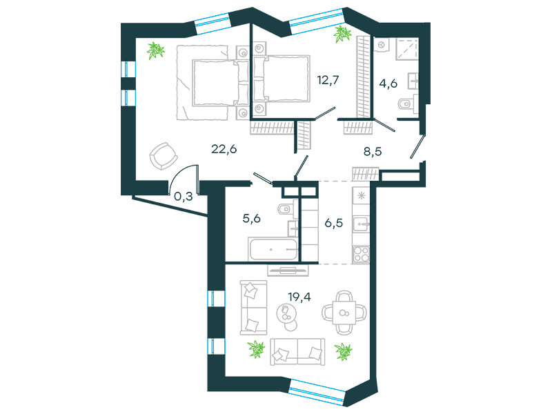 Планировка Апартаменты с 2 спальнями 80.2 м2 в ЖК Level Стрешнево