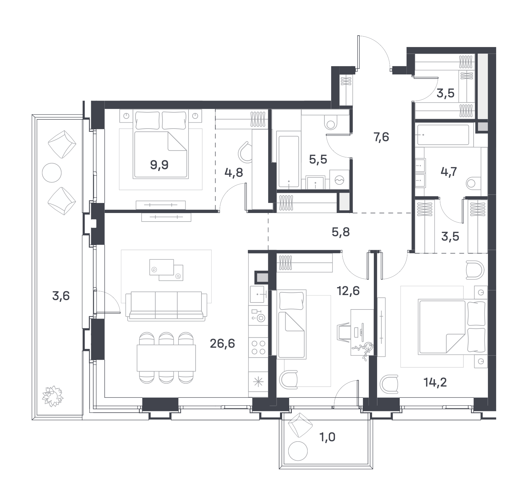 Планировка Квартира с 3 спальнями 104.3 м2 в ЖК Portland