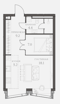 Планировка Апартаменты с 1 спальней 44.8 м2 в ЖК AHEAD