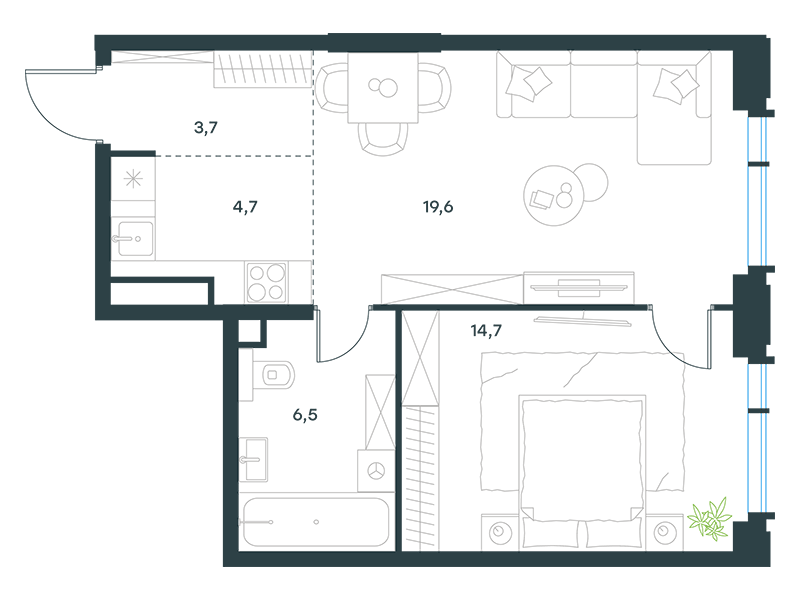 Планировка Квартира с 1 спальней 49.2 м2 в ЖК Level Академическая
