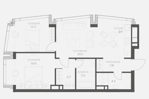 Планировка Апартаменты с 2 спальнями 68.4 м2 в ЖК AHEAD