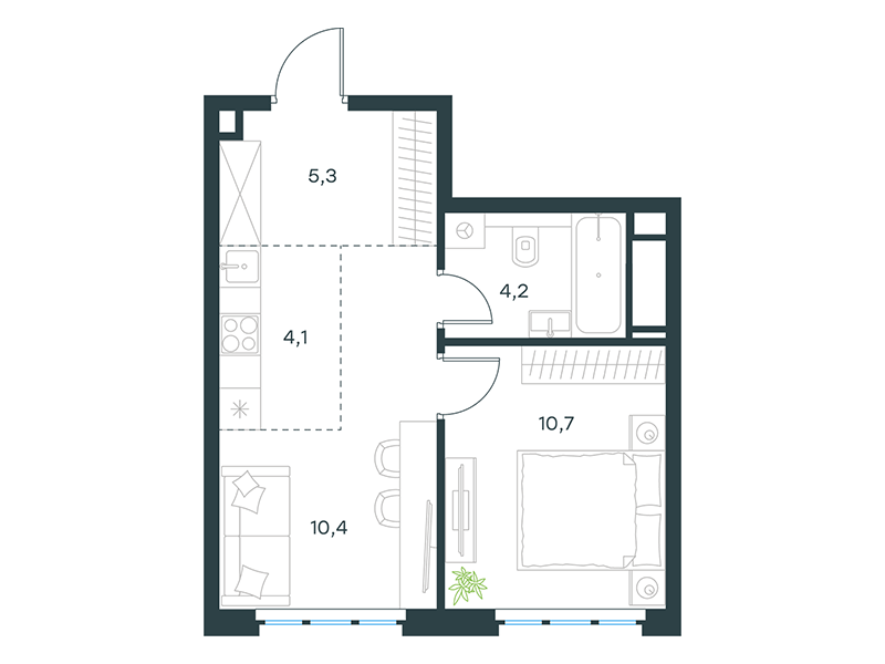 Планировка Апартаменты с 1 спальней 34.7 м2 в ЖК Level Южнопортовая