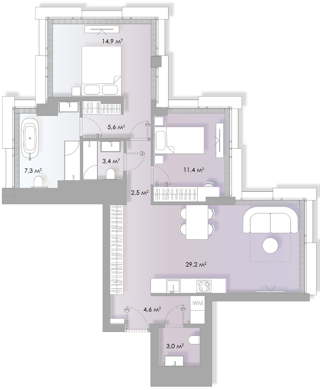 Планировка Апартаменты с 2 спальнями 82.4 м2 в ЖК Lumin House