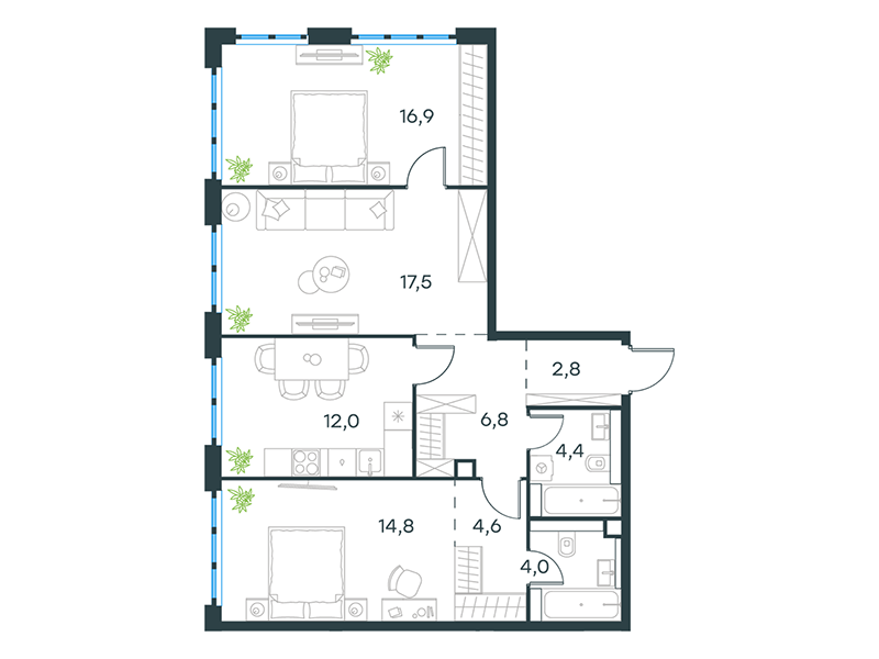 Планировка Квартира с 2 спальнями 83.8 м2 в ЖК Level Южнопортовая