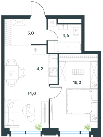 Планировка Квартира с 1 спальней 43 м2 в ЖК Level Академическая
