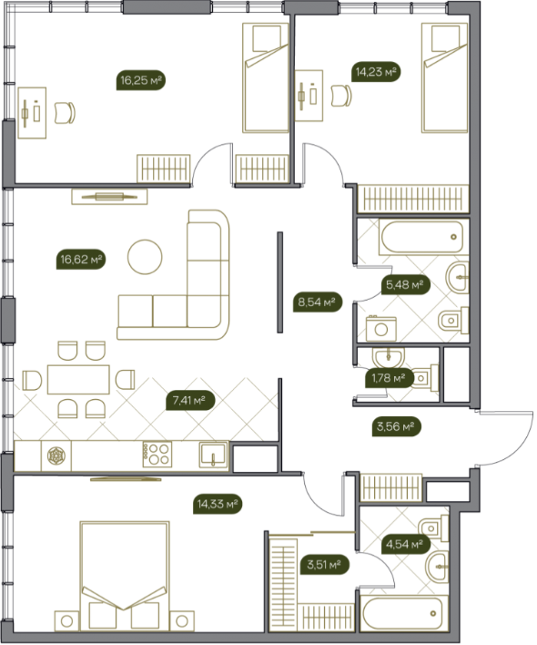 Планировка Квартира с 4 спальнями 96.2 м2 в ЖК West Garden