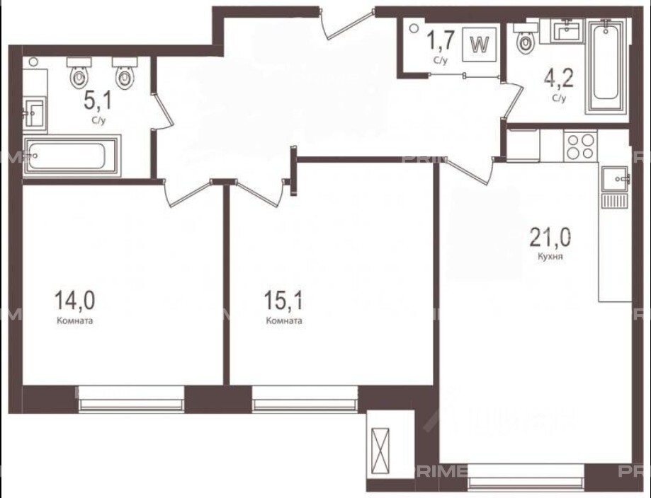 Планировка Квартира с 2 спальнями 75.5 м2 в ЖК SPIRES