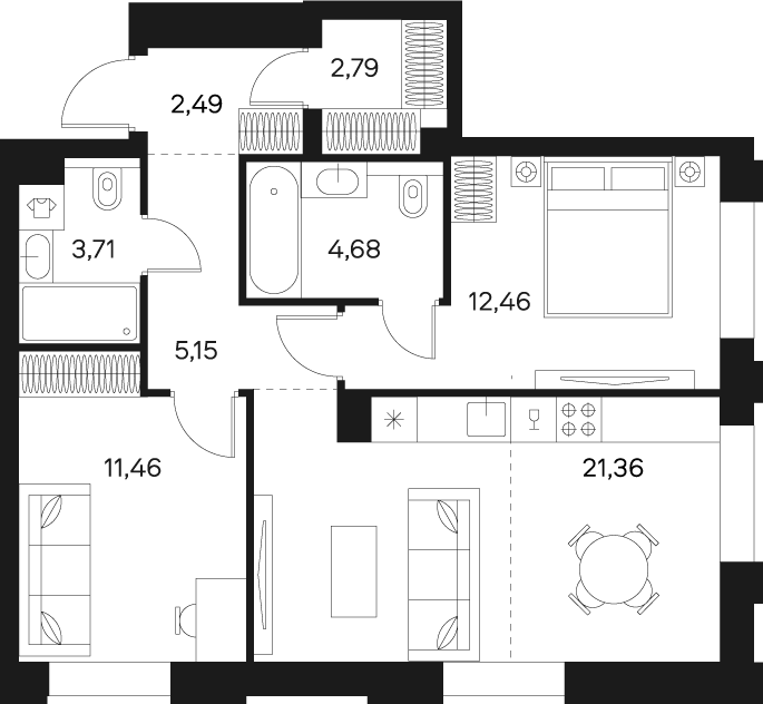 Квартира с 2 спальнями 64.1 м2 в ЖК Forst