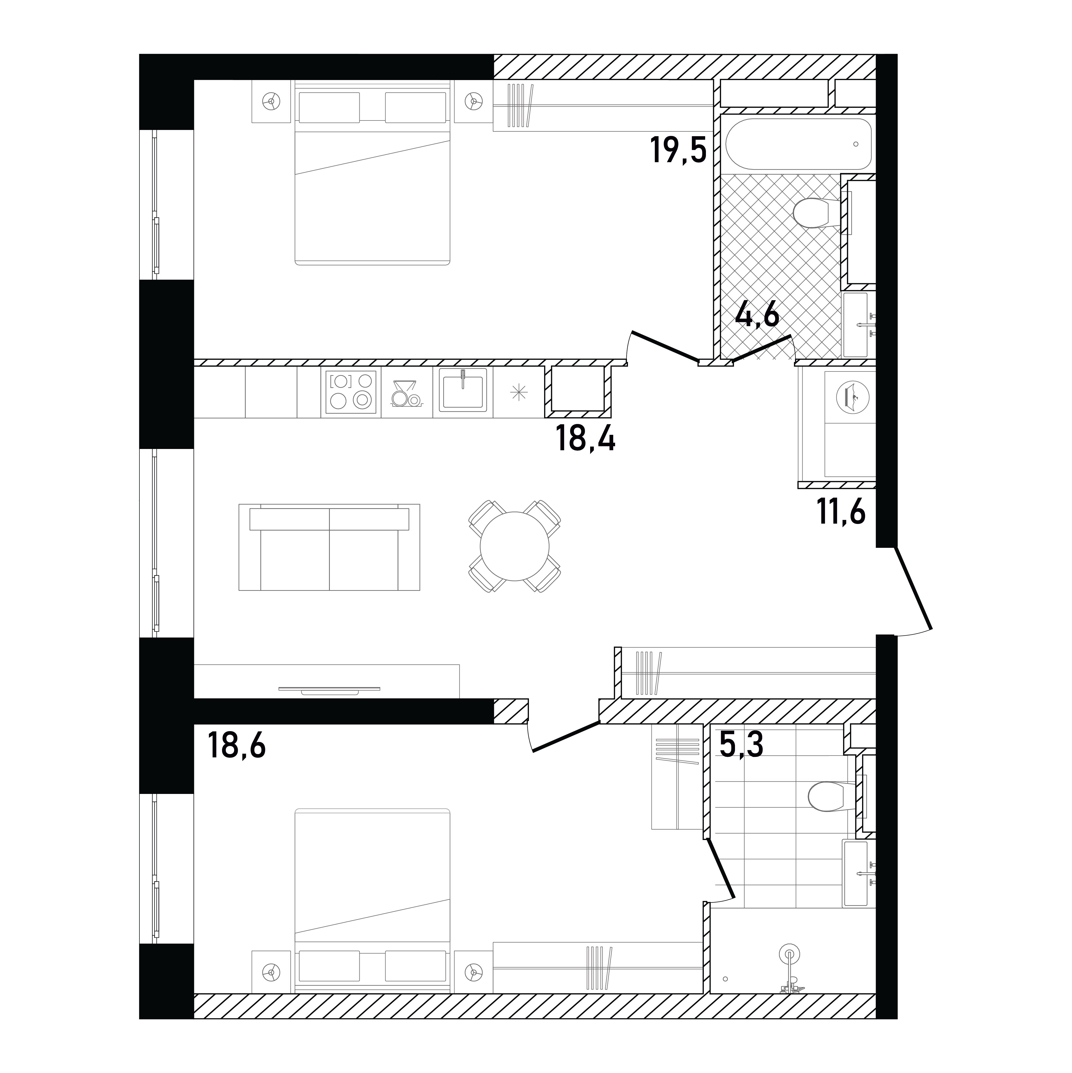 Планировка Квартира с 2 спальнями 77.57 м2 в ЖК Republic