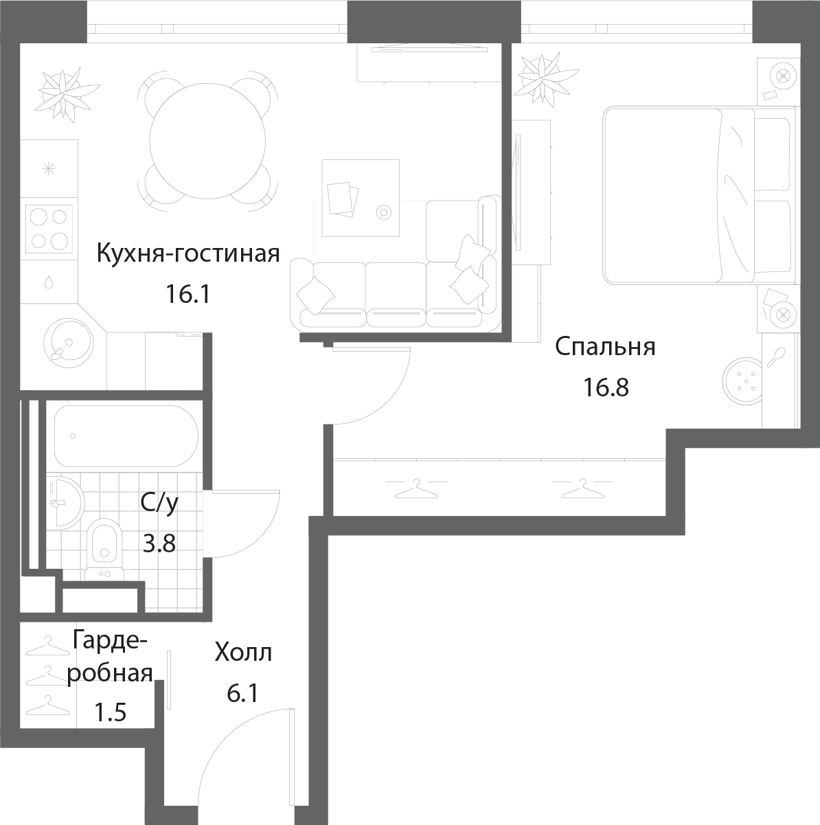Планировка Квартира с 1 спальней 43.8 м2 в ЖК Nagatino i-Land