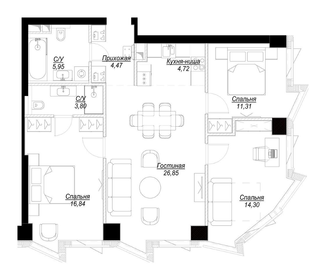 Планировка Квартира с 3 спальнями 88.24 м2 в ЖК Famous