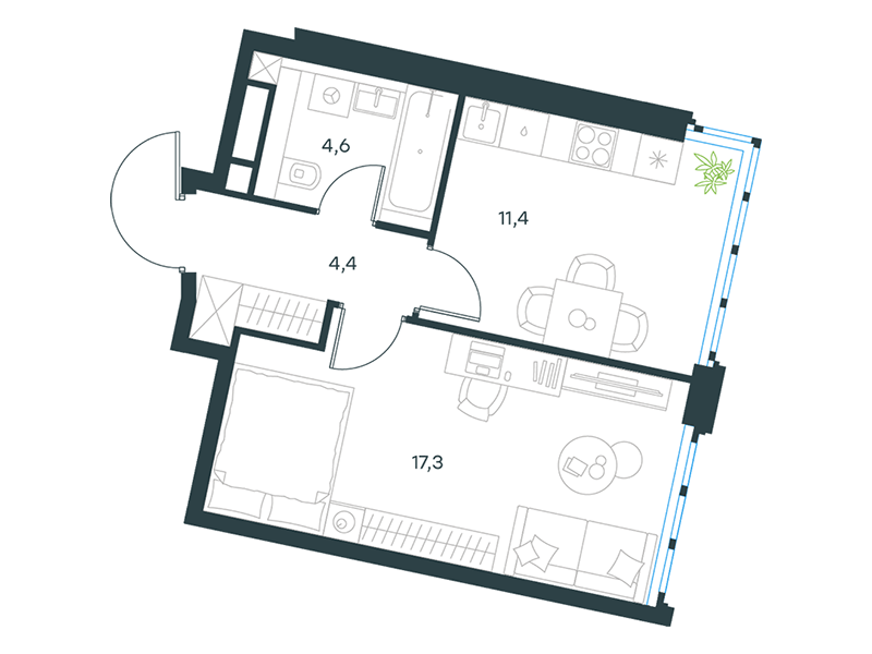 Планировка Квартира с 1 спальней 37.7 м2 в ЖК Level Южнопортовая
