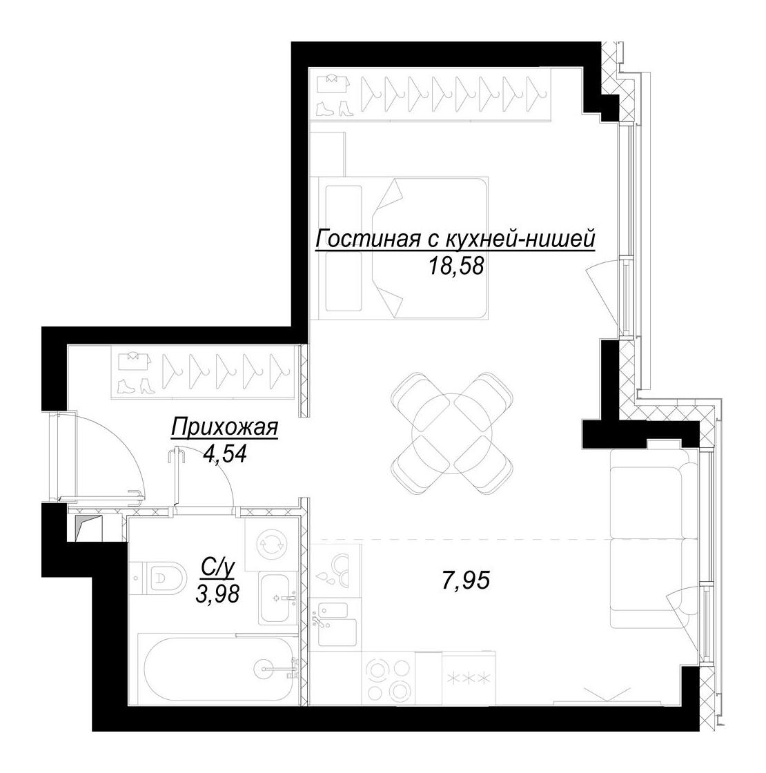Планировка Квартира с 1 спальней 35.22 м2 в ЖК Hide