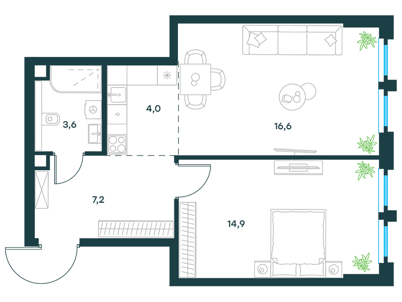 Планировка Квартира с 1 спальней 46.3 м2 в ЖК Level Южнопортовая
