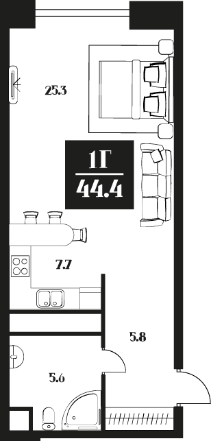Планировка Апартаменты с 1 спальней 44.4 м2 в ЖК Deco Residence