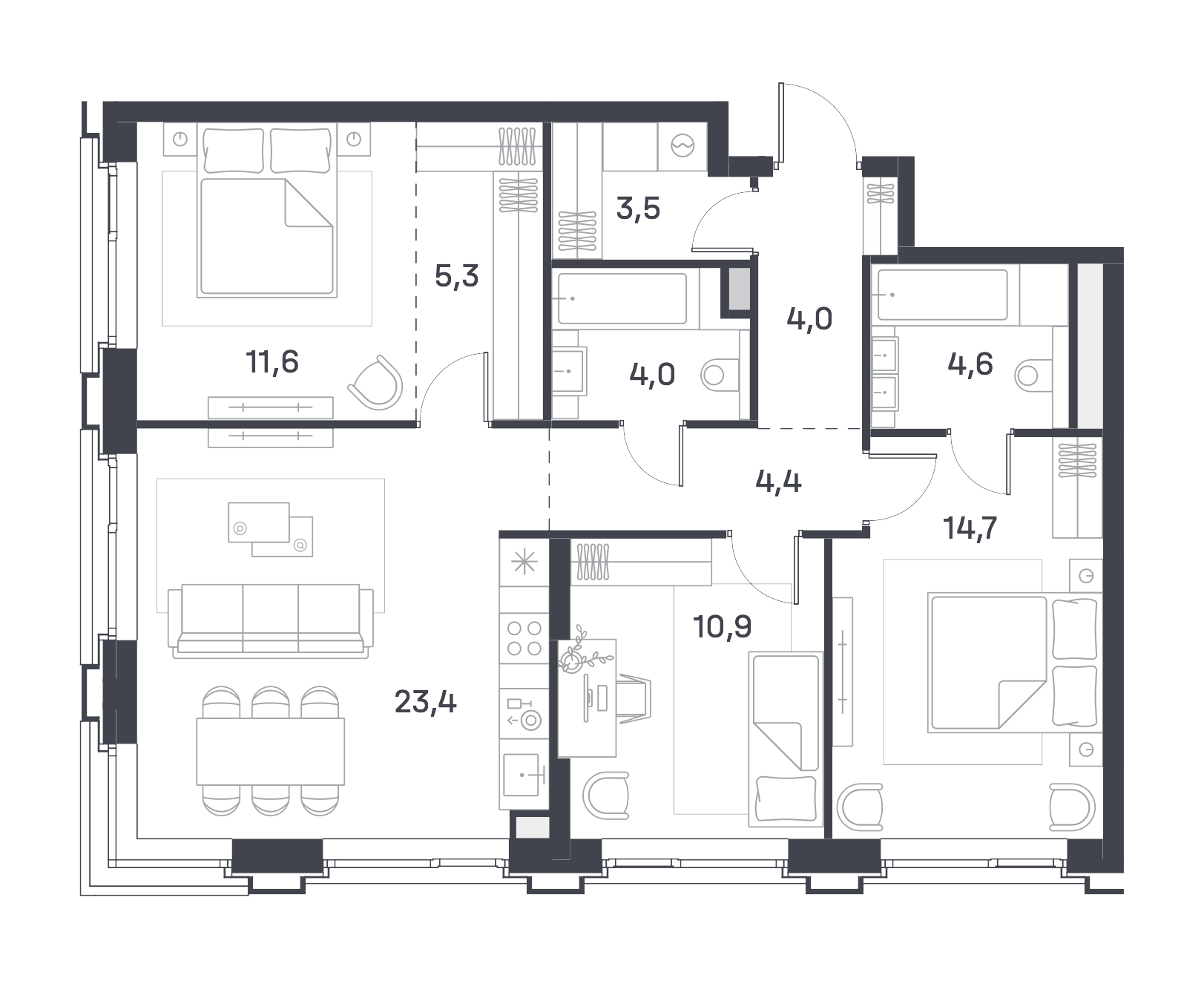 Планировка Квартира с 3 спальнями 86.4 м2 в ЖК Portland