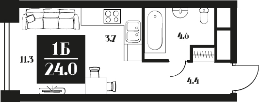 Планировка Апартаменты с 1 спальней 24 м2 в ЖК Deco Residence