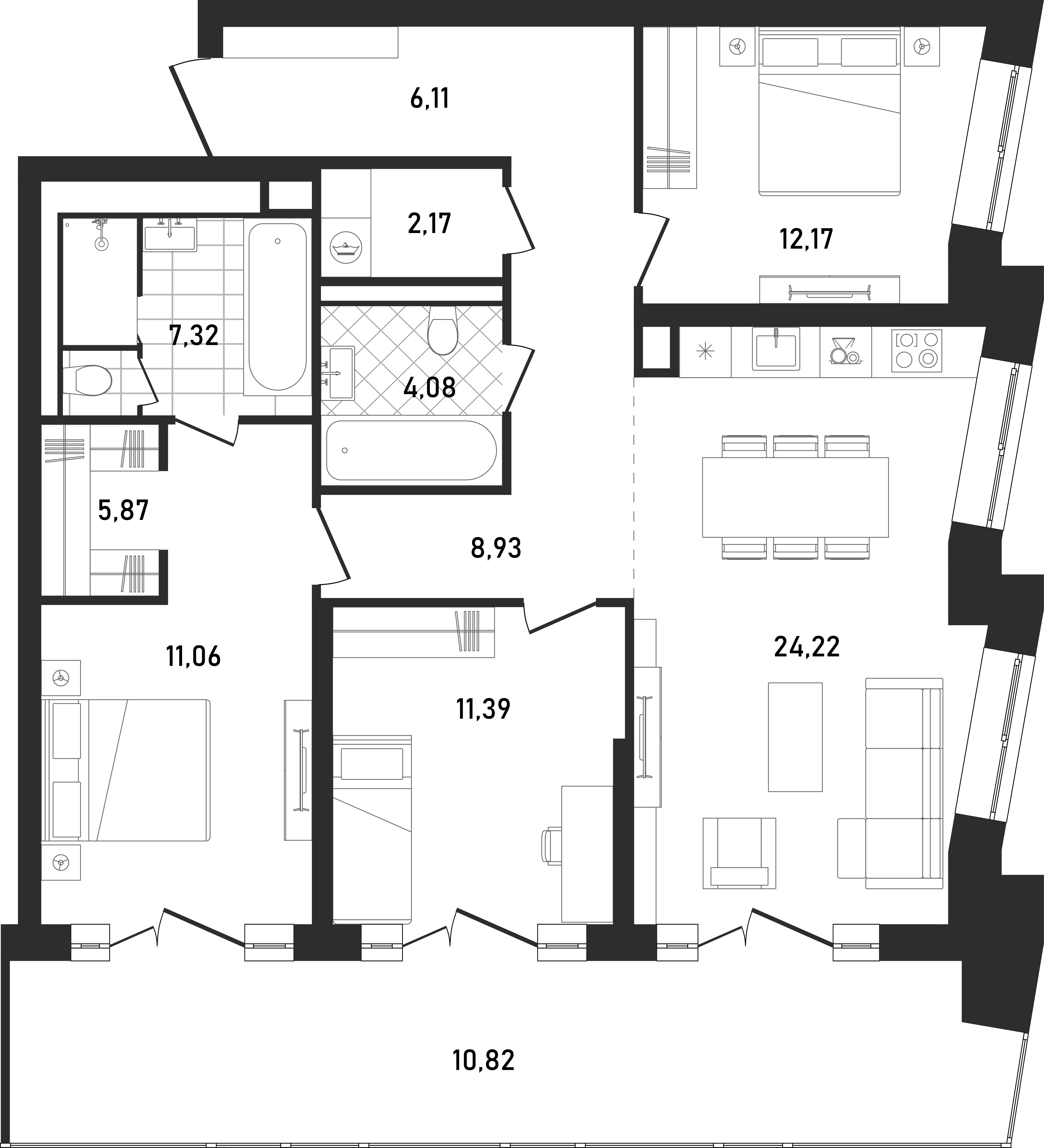 Планировка Квартира с 3 спальнями 103.8 м2 в ЖК Republic