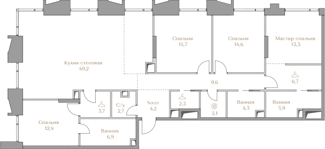 Планировка Квартира с 4 спальнями 154.6 м2 в ЖК Luzhniki Collection