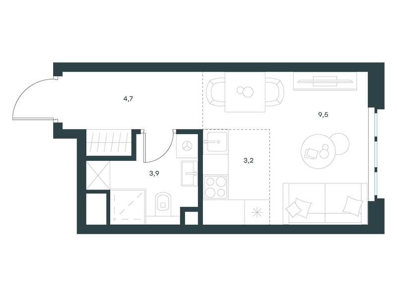 Планировка Апартаменты с 1 спальней 21.3 м2 в ЖК Level Южнопортовая