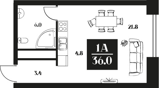 Планировка Апартаменты с 1 спальней 36 м2 в ЖК Deco Residence
