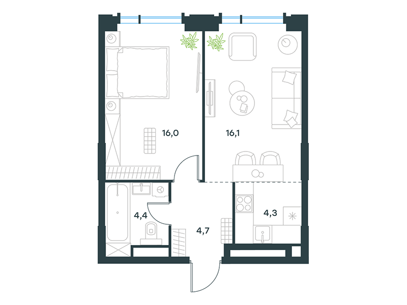 Планировка Квартира с 1 спальней 45.5 м2 в ЖК Level Академическая