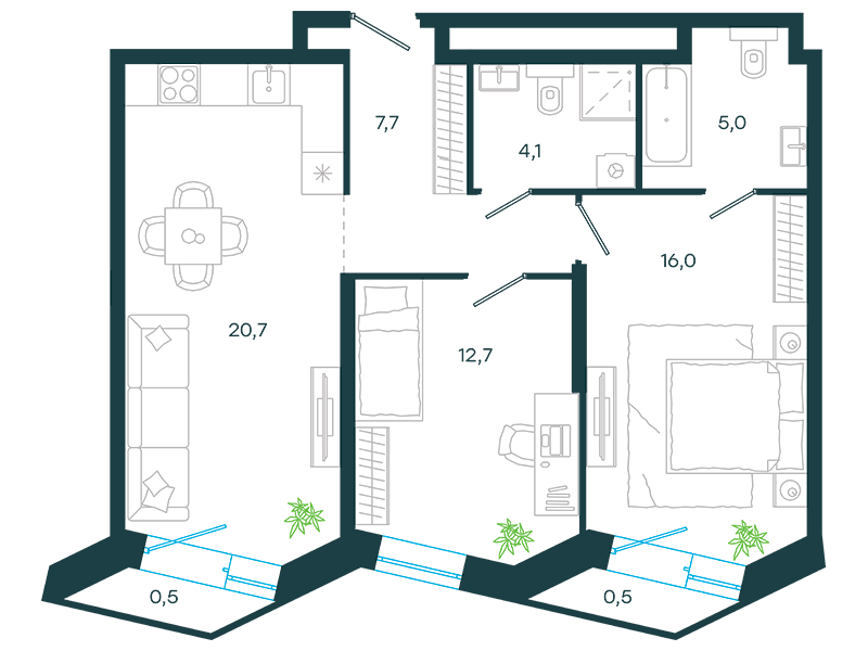 Планировка Апартаменты с 2 спальнями 67.2 м2 в ЖК Level Стрешнево