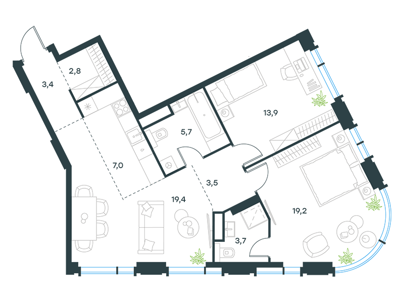 Планировка Квартира с 2 спальнями 78.6 м2 в ЖК Level Академическая