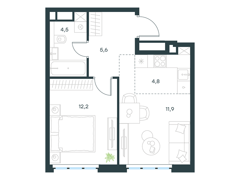 Планировка Апартаменты с 1 спальней 39 м2 в ЖК Level Южнопортовая