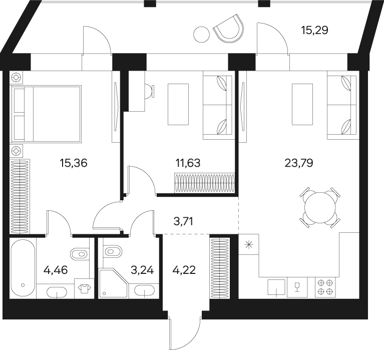Планировка Квартира с 2 спальнями 74.13 м2 в ЖК Forst