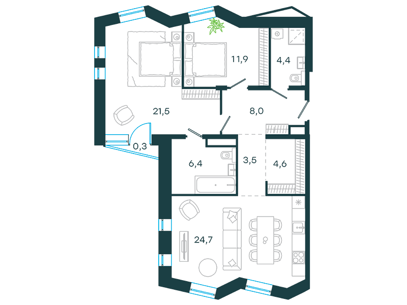 Апартаменты с 2 спальнями 85.3 м2 в ЖК Level Стрешнево