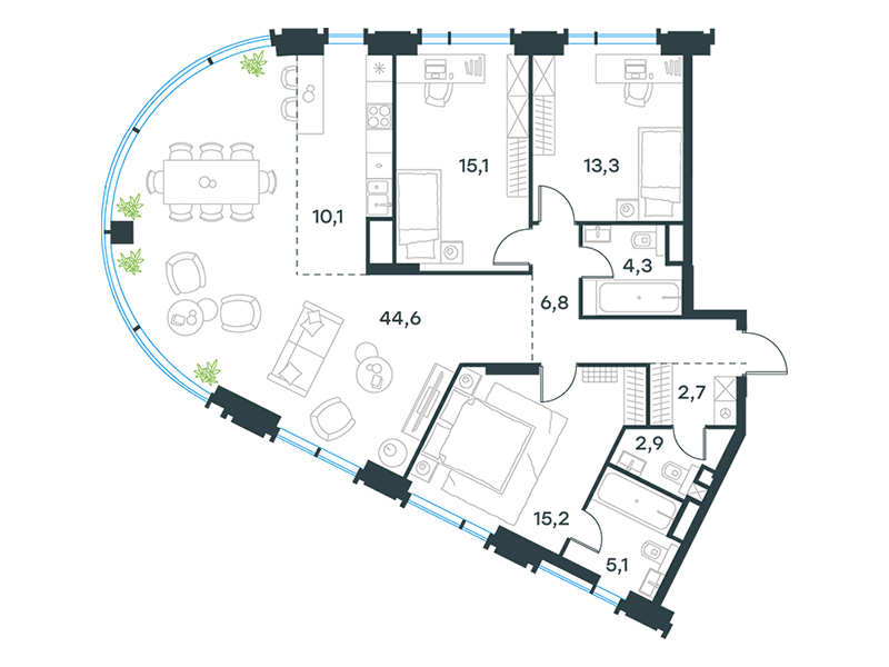 Планировка Квартира с 3 спальнями 120.1 м2 в ЖК Level Академическая