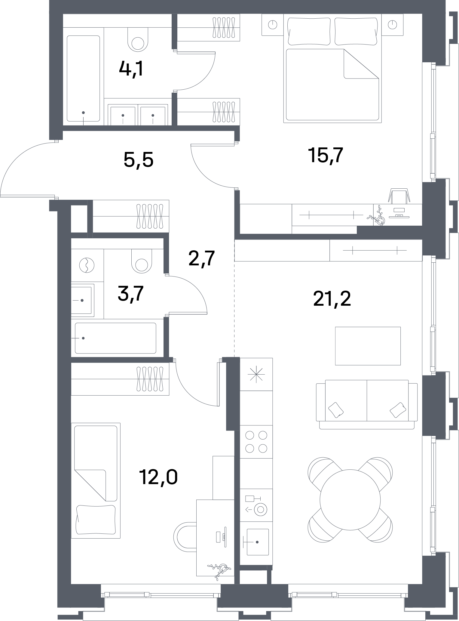 Планировка Квартира с 2 спальнями 64.9 м2 в ЖК Portland