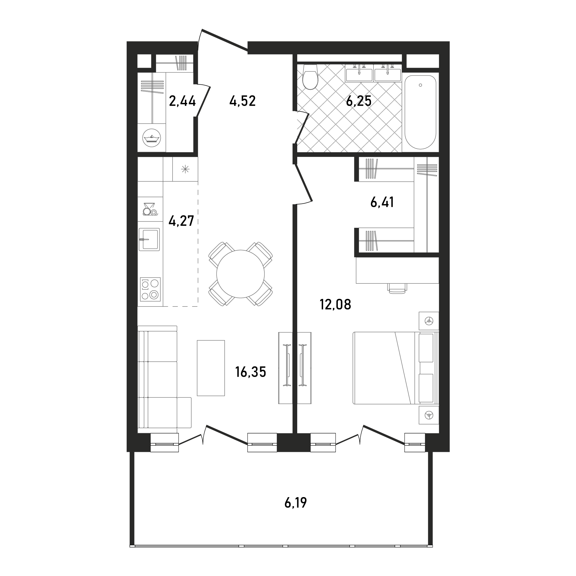 Планировка Квартира с 2 спальнями 58.69 м2 в ЖК Republic