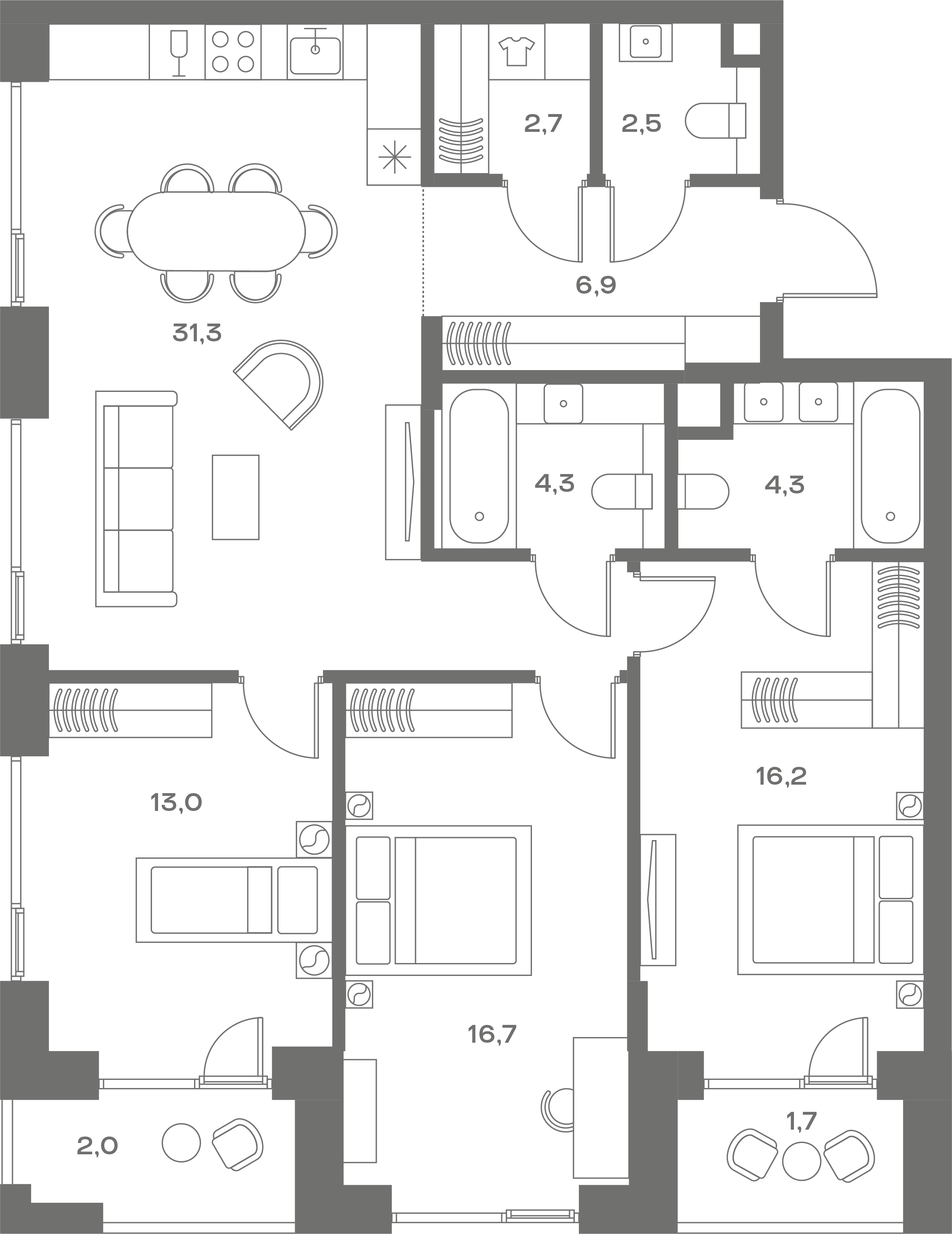 Планировка Квартира с 3 спальнями 101.6 м2 в ЖК Soul