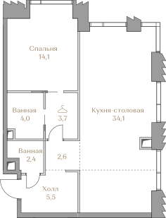 Планировка Квартира с 1 спальней 66.4 м2 в ЖК Luzhniki Collection