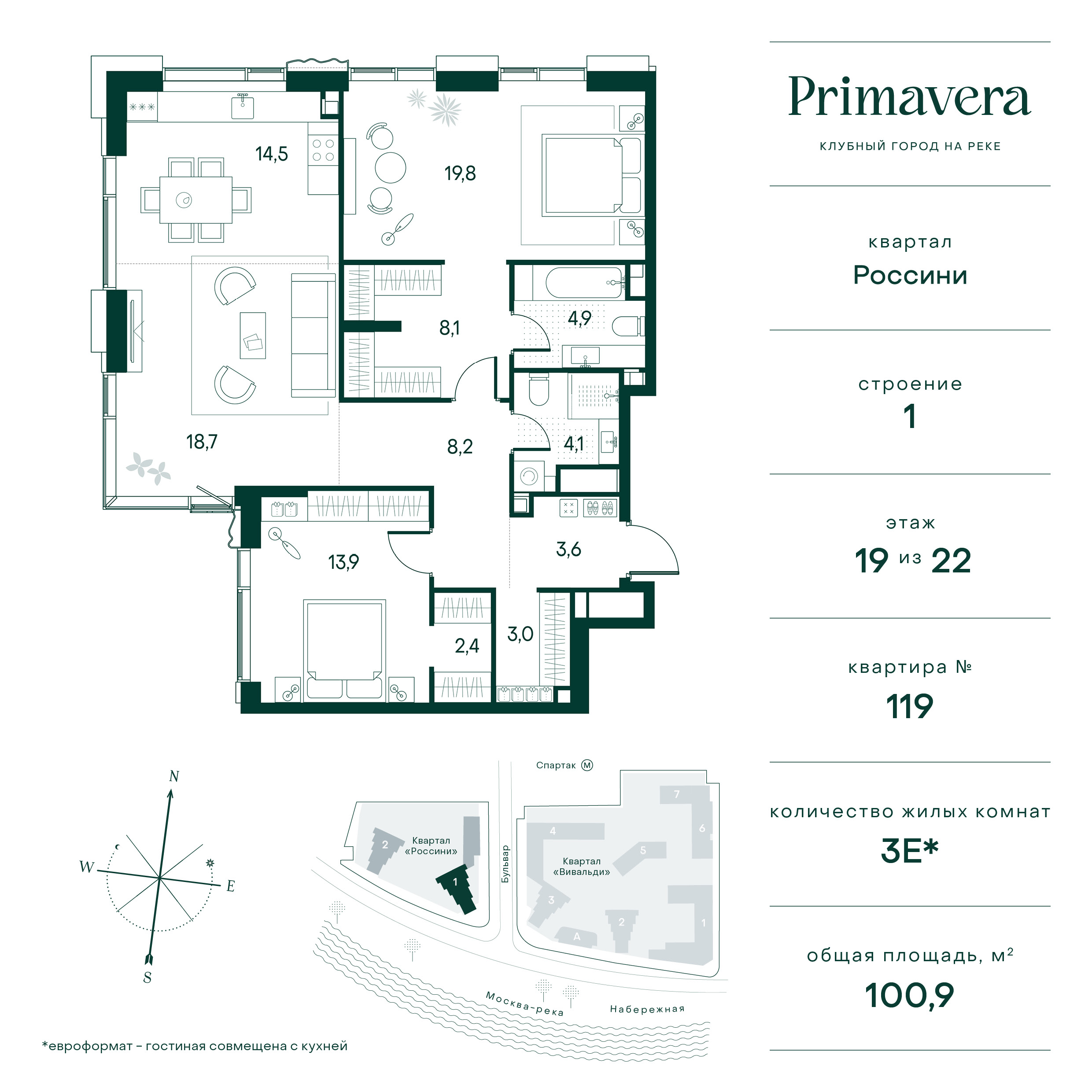Планировка Квартира с 2 спальнями 100.9 м2 в ЖК Primavera