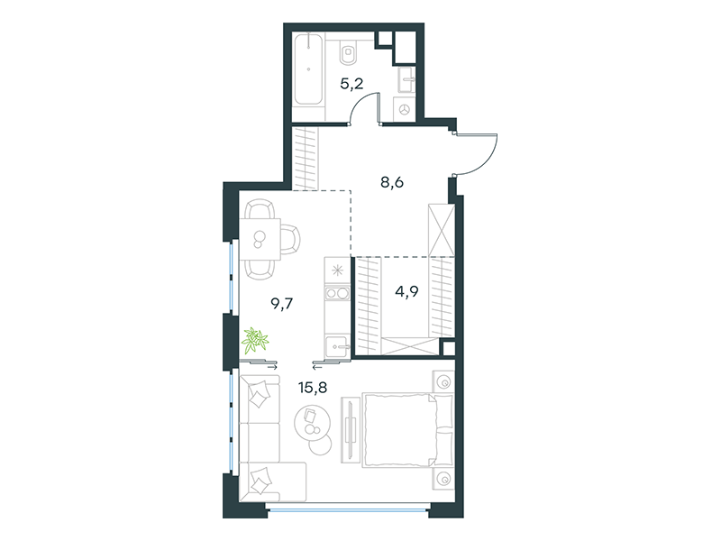 Планировка Апартаменты с 1 спальней 44.2 м2 в ЖК Level Южнопортовая